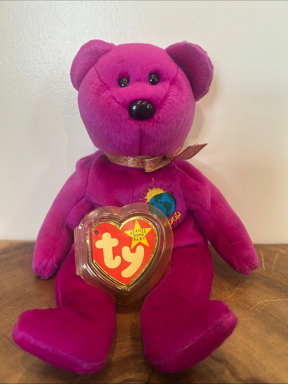 Ty Purple Plush Bear with Embroidered Globe & Ribbon
